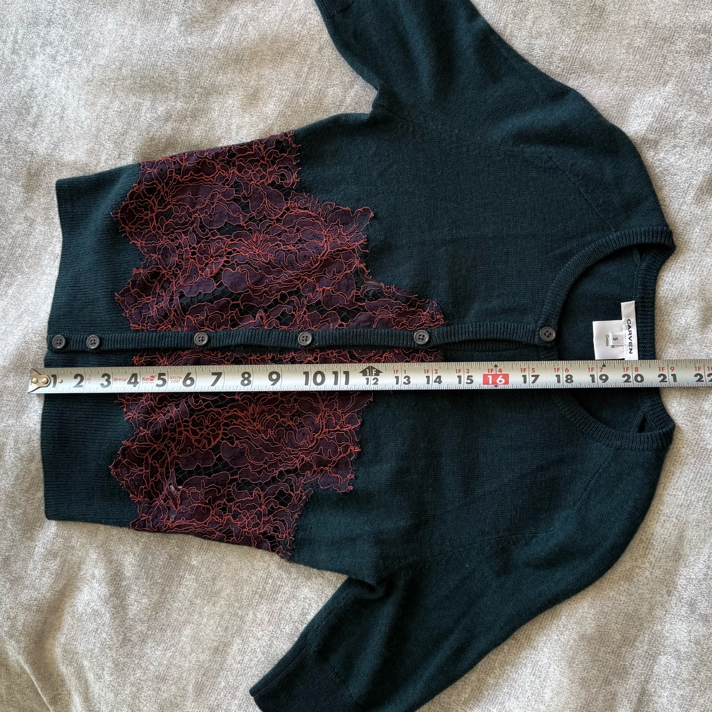 Carven Wool Cardigan Lace Panel Green Short Sleeve S - Picture 12 of 12